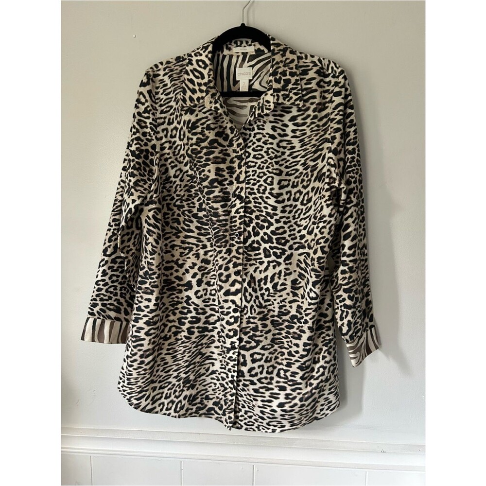 Chico's Womans Multi Color Animal Print Button Up Long Sleeve Cotton Tunic LARGE